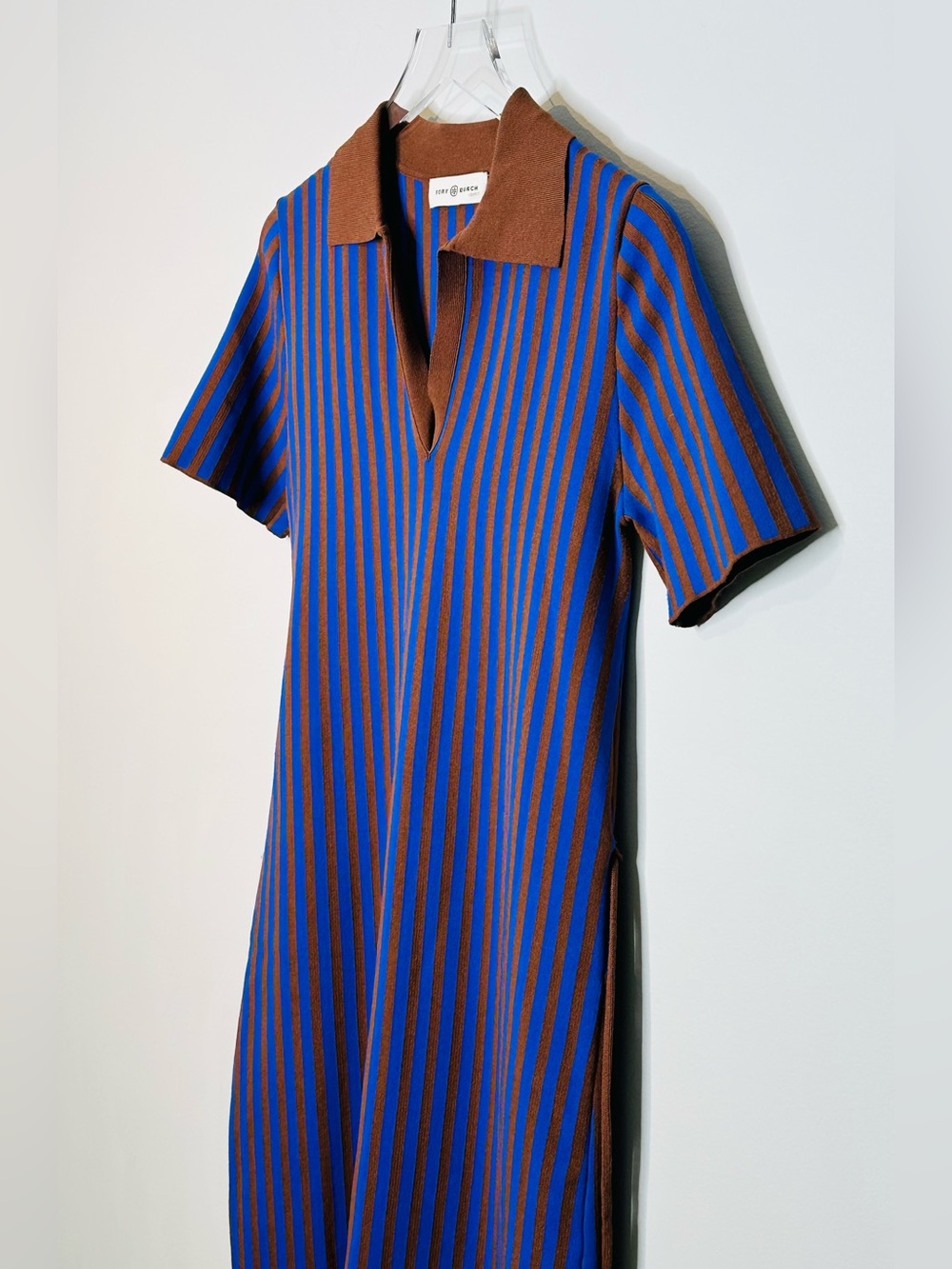 Tory Burch Chocolate Brown Soufflé Electric Blue Ink Striped Polo Midi Dress - Picture 7 of 15